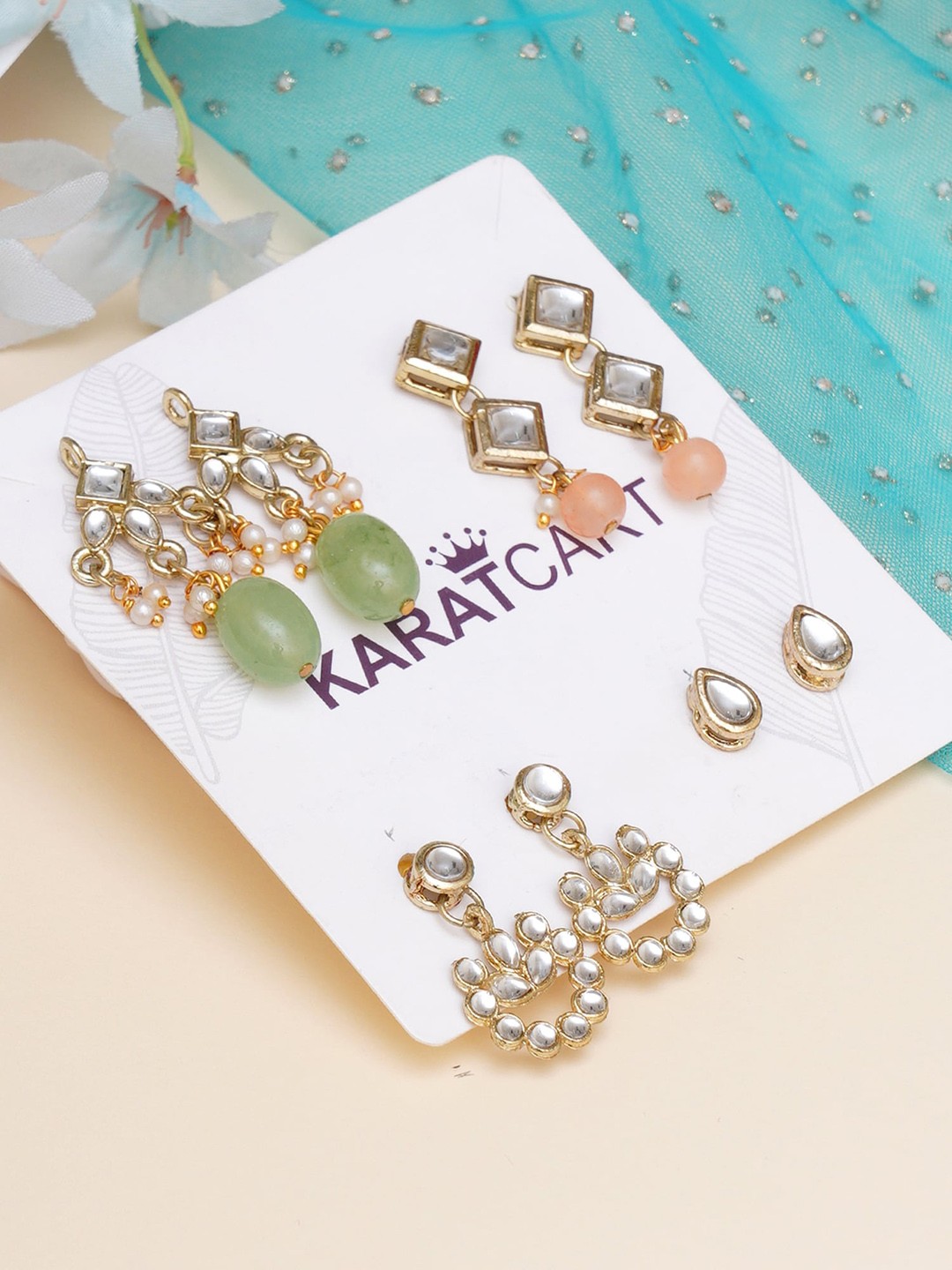 

KARATCART Green & Pink Set Of 4 Gold Plated Classic Drop Earrings
