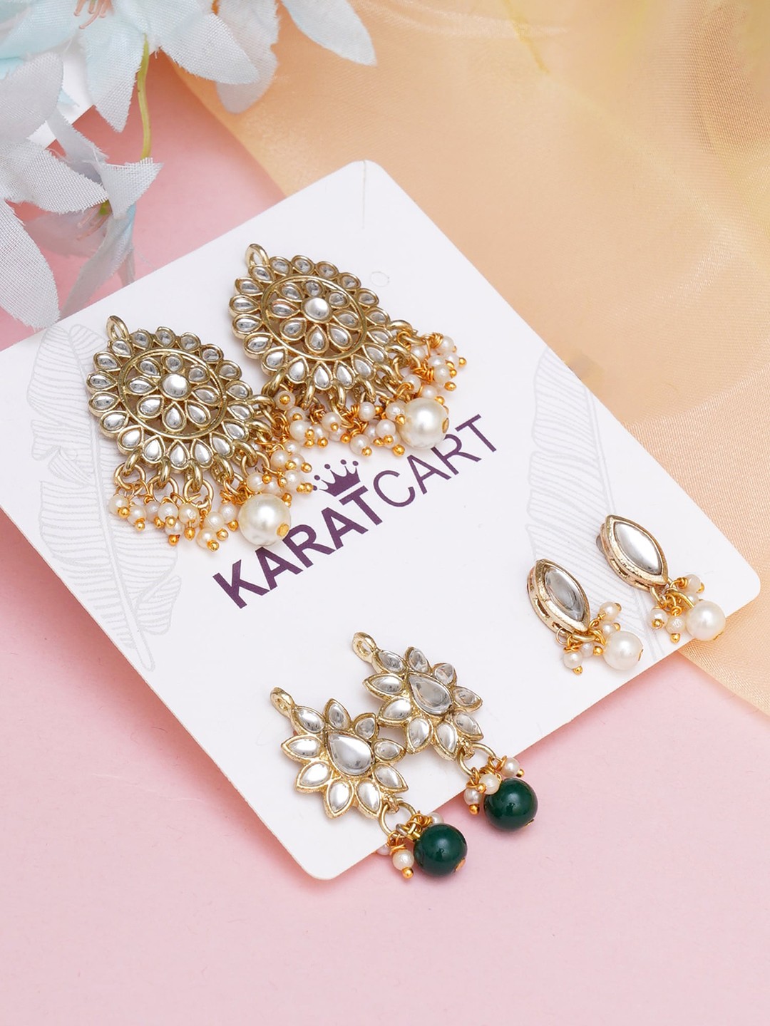 

KARATCART Gold-Toned & White Classic Set of 3 Chandbalis Earrings