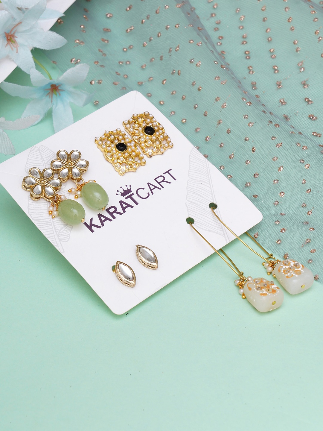 

KARATCART Women Set of 4 Gold-Toned & Green Classic Earrings