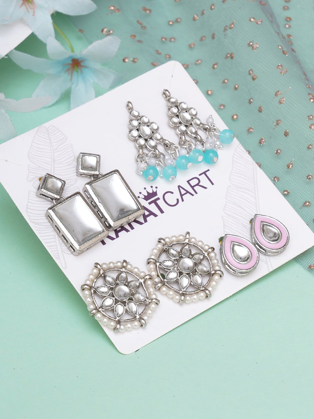 

KARATCART Set of 4 Silver-Plated & White Classic Studs Earrings