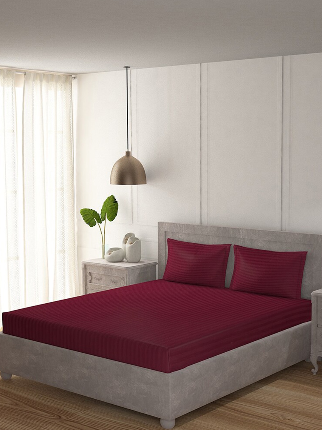 

Duroflex Striped 210 TC Queen Cotton Bedsheet with 2 Pillow Covers, Rose