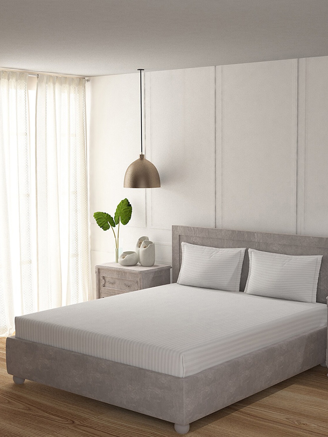

Duroflex Striped 210 TC King Cotton Bedsheet with 2 Pillow Covers, White