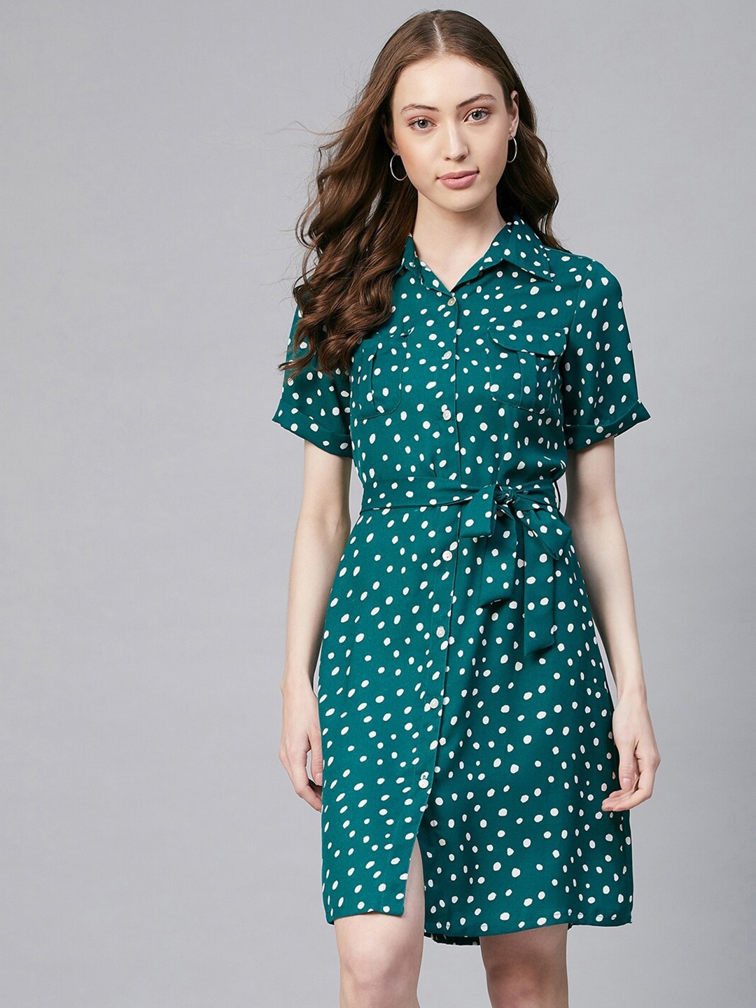 

StyleStone Blue & White Polka Dot Printed Crepe Shirt Mini Dress