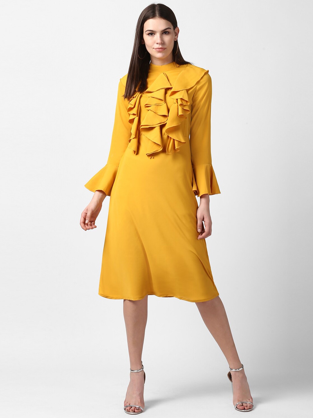 

StyleStone Women Yellow Solid Front Ruffle Bell Sleeve Crepe A-Line Dress