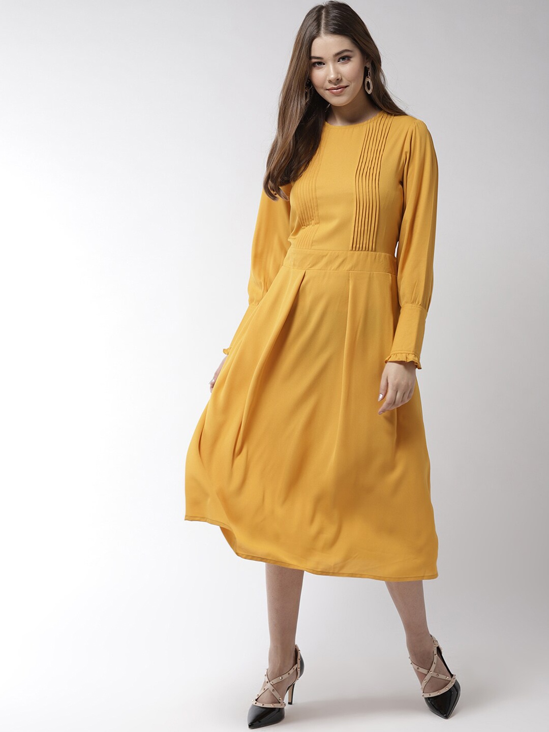 

StyleStone Women Yellow Solid Polyester A-Line Midi Dress