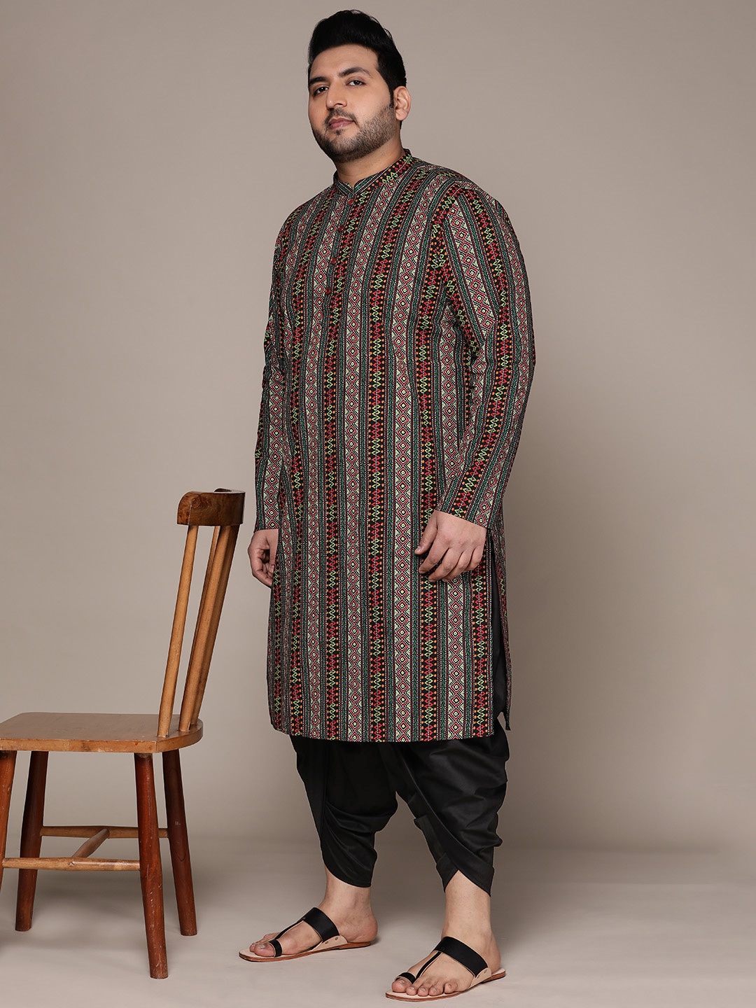 

KISAH PLUS Men Plus Size Printed Thread Work Kurta With Dhoti Pants, Multi