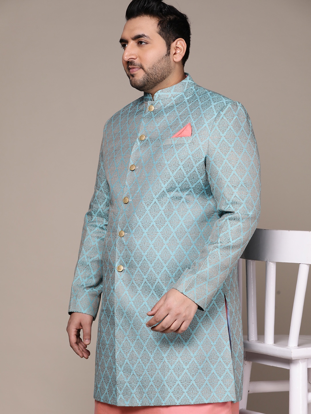 

KISAH PLUS Men Ethnic Motifs Printed Sherwani Set, Turquoise blue