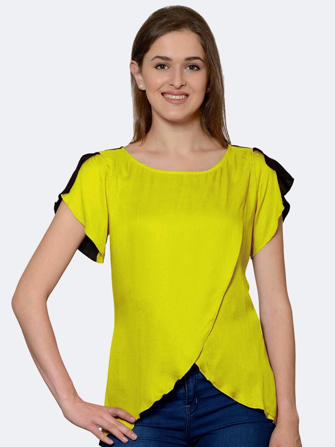 

PATRORNA Plus Size Women Yellow Flared Sleeves Layered Wrap Top