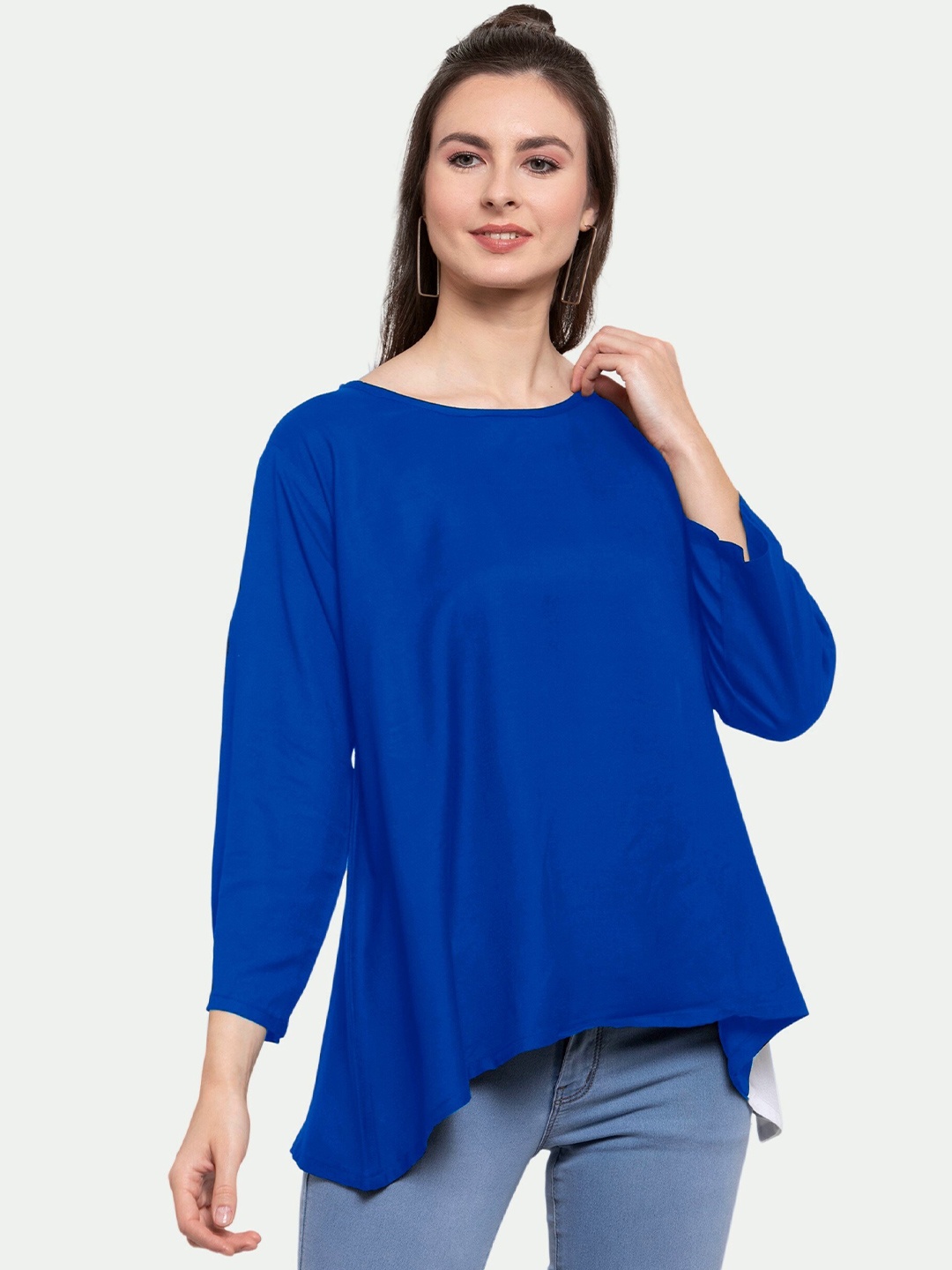 

PATRORNA Women Blue Colourblocked Round Neck Cotton Blend Top