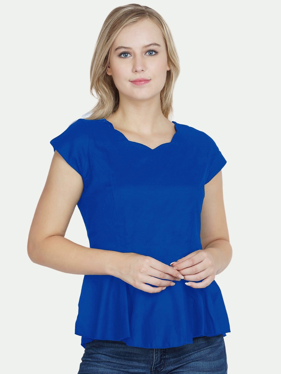 

PATRORNA Plus Size Women Blue Accordion Pleats Peplum Top