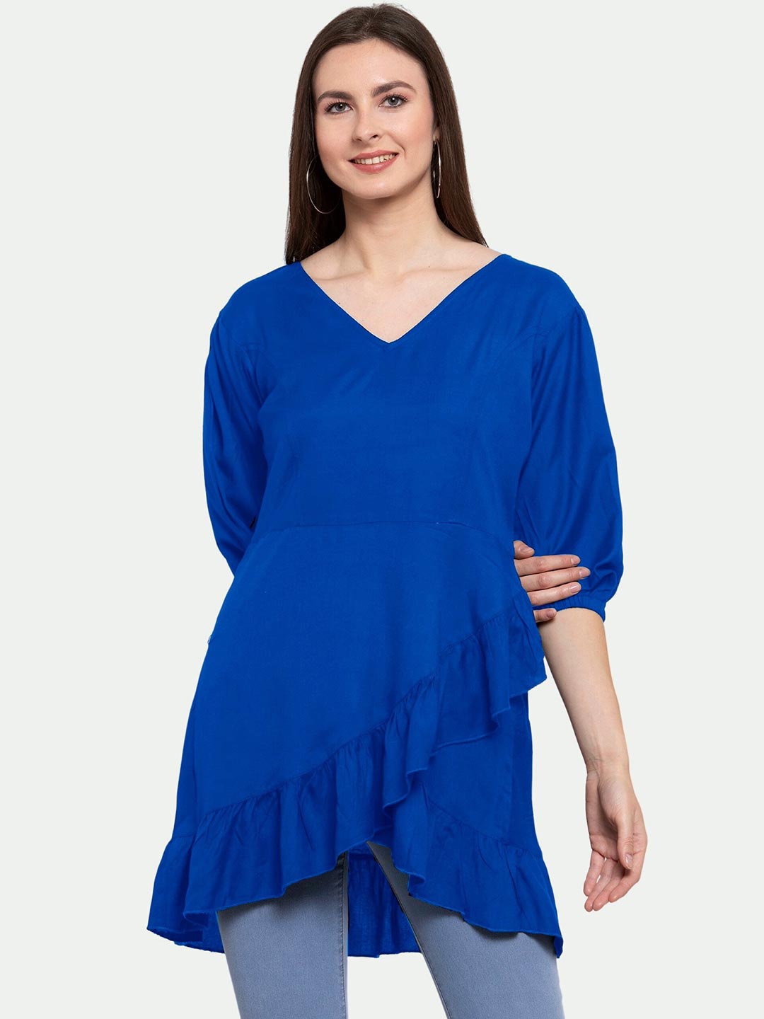 

PATRORNA Women Blue V-Neck Wrap Longline Cotton Blend Top