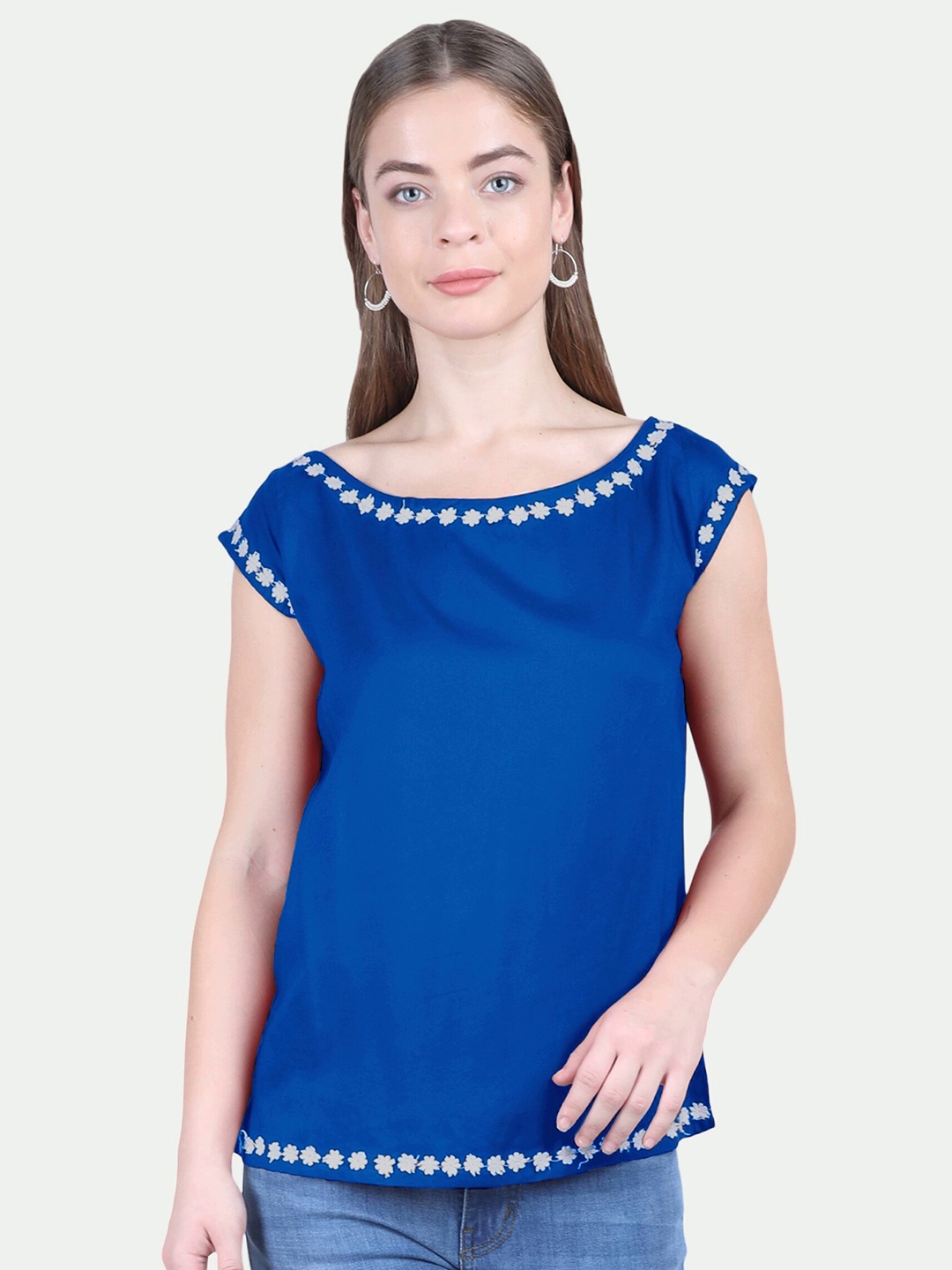 

PATRORNA Plus Size Women Blue Floral Lace Detail Short Sleeveless Top