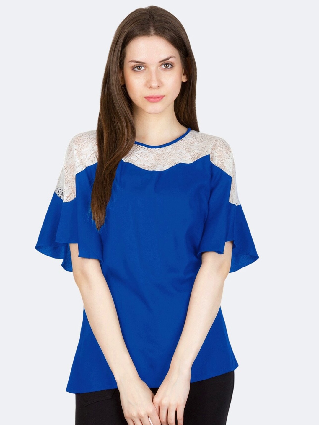 

PATRORNA Women Blue & White Round Neck Flared Sleeves Cotton Blend Top