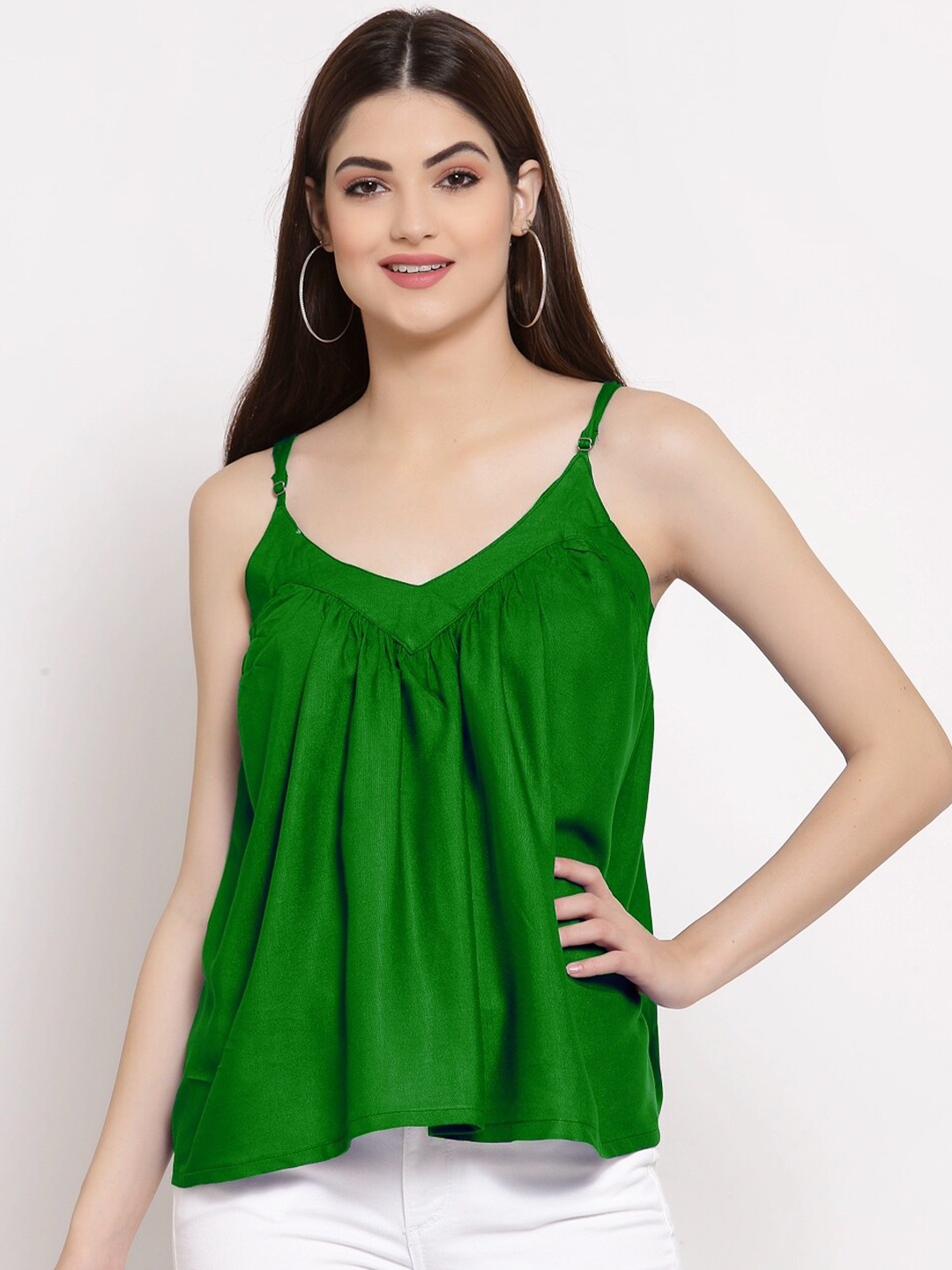

PATRORNA Women Green Solid Shoulder Straps Asymmetrical Cotton Blend Top