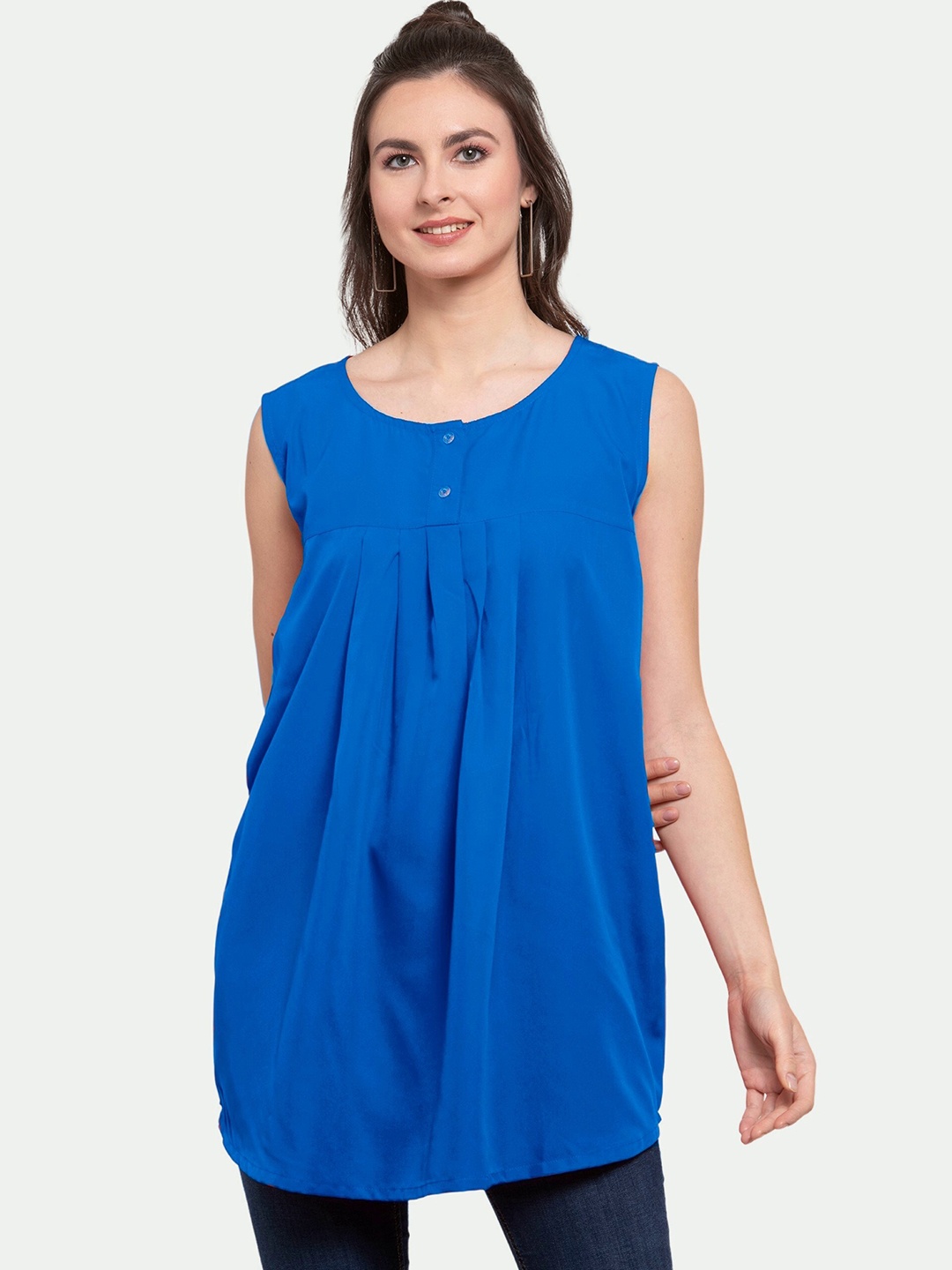 

PATRORNA Plus Size Women Blue Sleeveless Accordion Pleats Henley Neck Longline Top