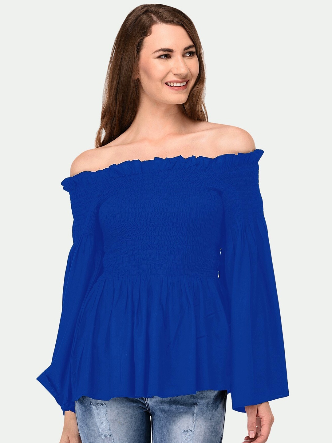 

PATRORNA Plus Size Blue Smocked Off-Shoulder Peplum Top