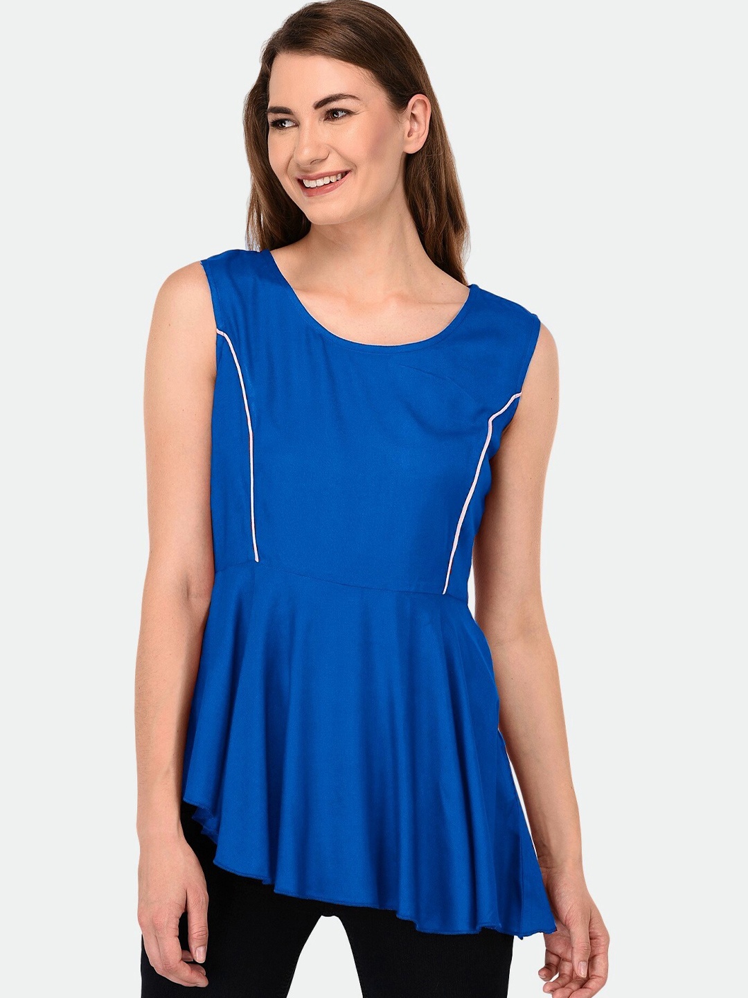 

PATRORNA Plus Size Blue Twisted Asymmetric Peplum Top