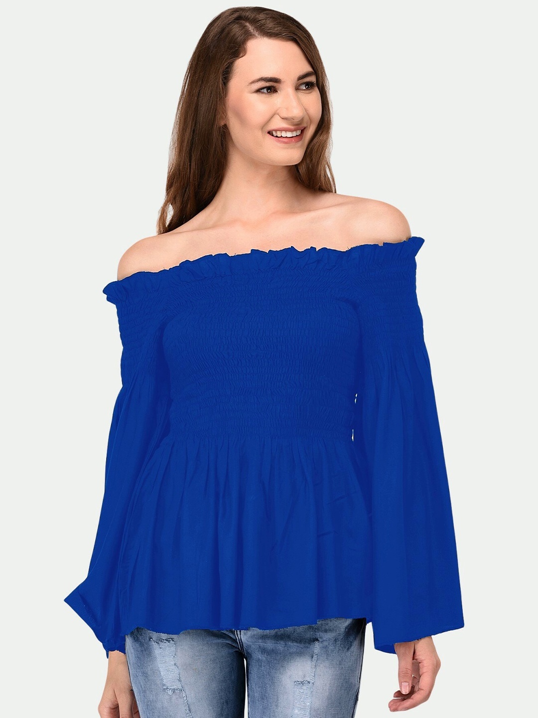 

PATRORNA Women Blue Off-Shoulder Bardot Top