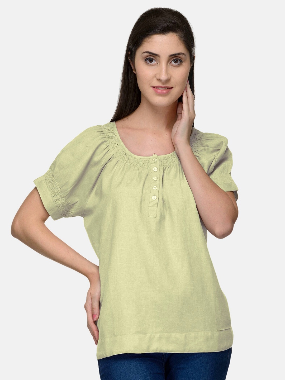 

PATRORNA Women Cream-Coloured Round Neck Puff Sleeves Cotton Blend Top