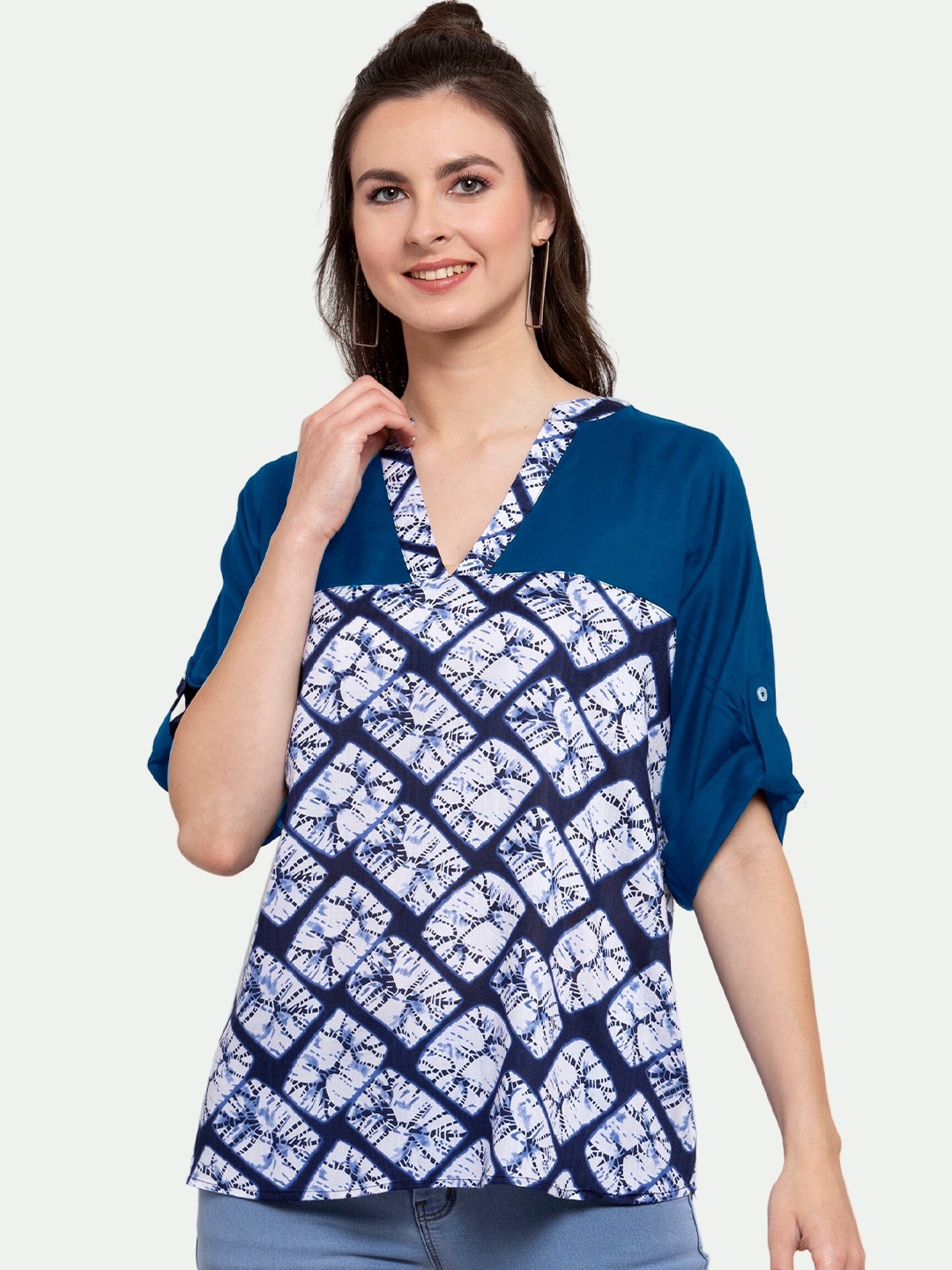 

PATRORNA Women Print Mandarin Collar Roll-Up Sleeves Top, Blue