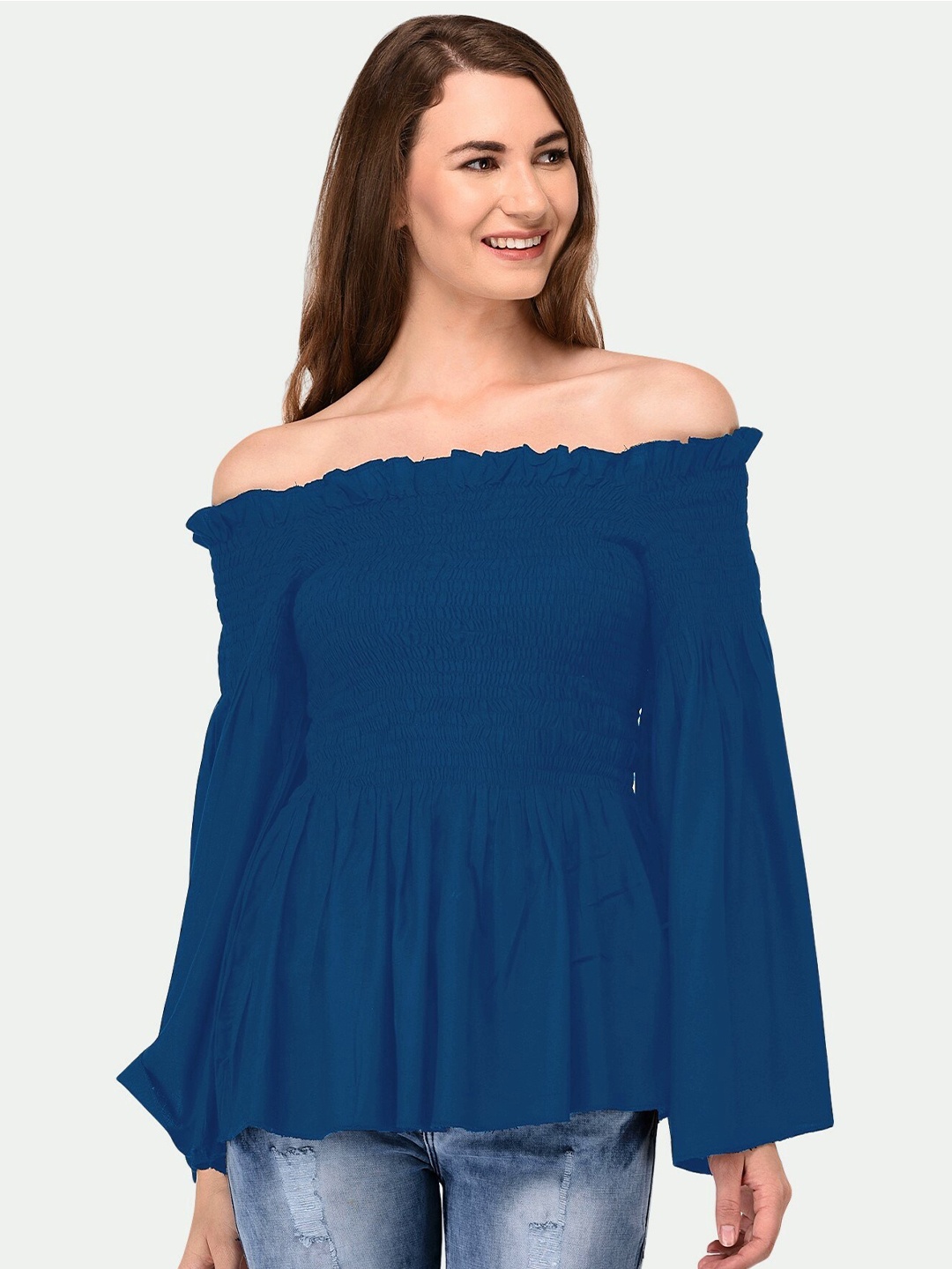 

PATRORNA Women Off-Shoulder Bardot Top, Blue