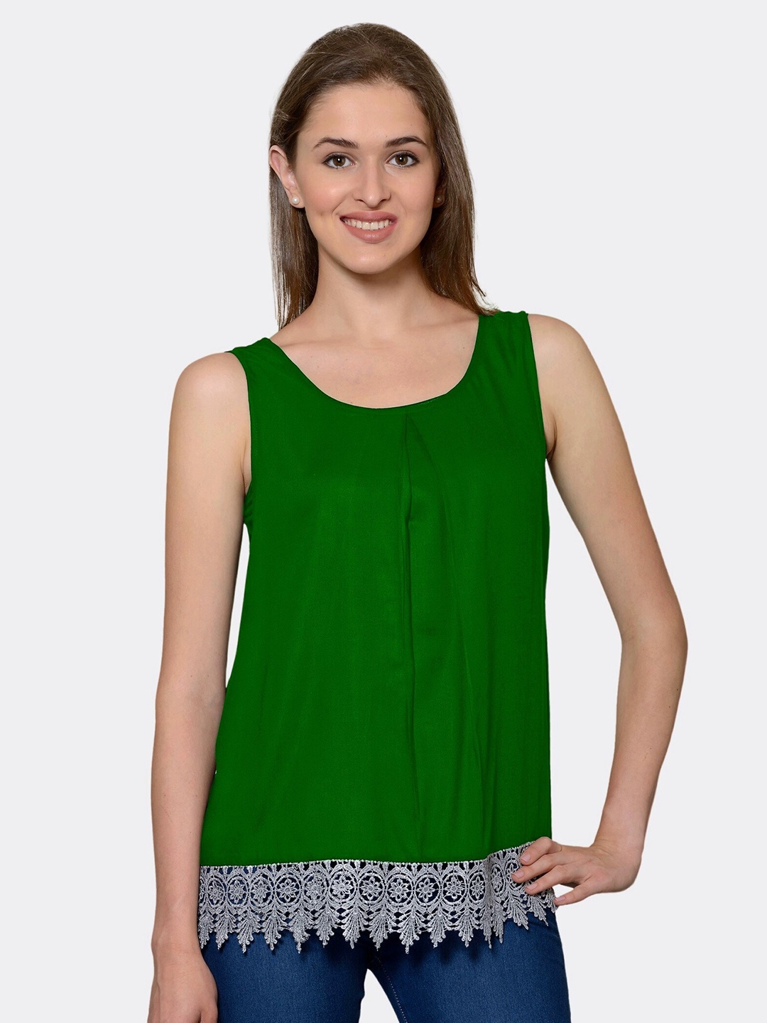 

PATRORNA Women Green Solid Round Neck Sleeveless Top