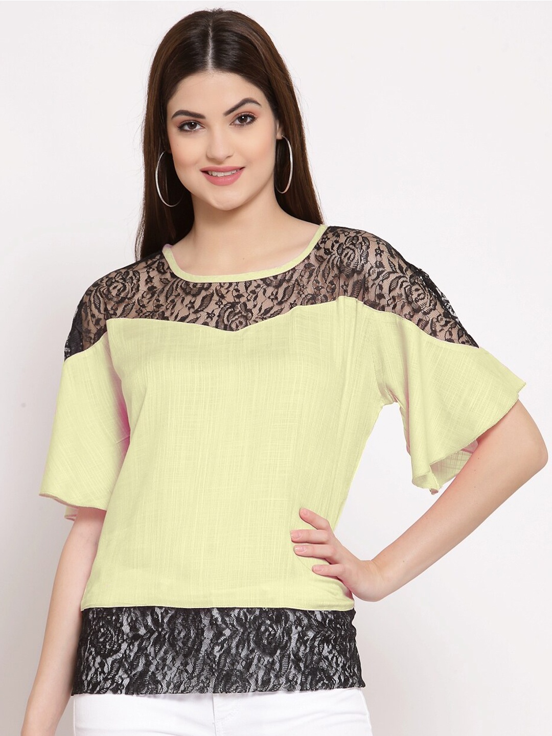 

PATRORNA Women Cream-Coloured & Black Lace Inserts Round Neck Cotton Blend Top