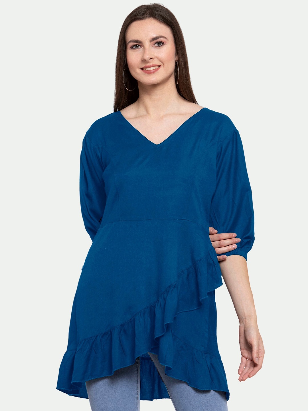 

PATRORNA Women Solid High-Low Longline Top, Blue
