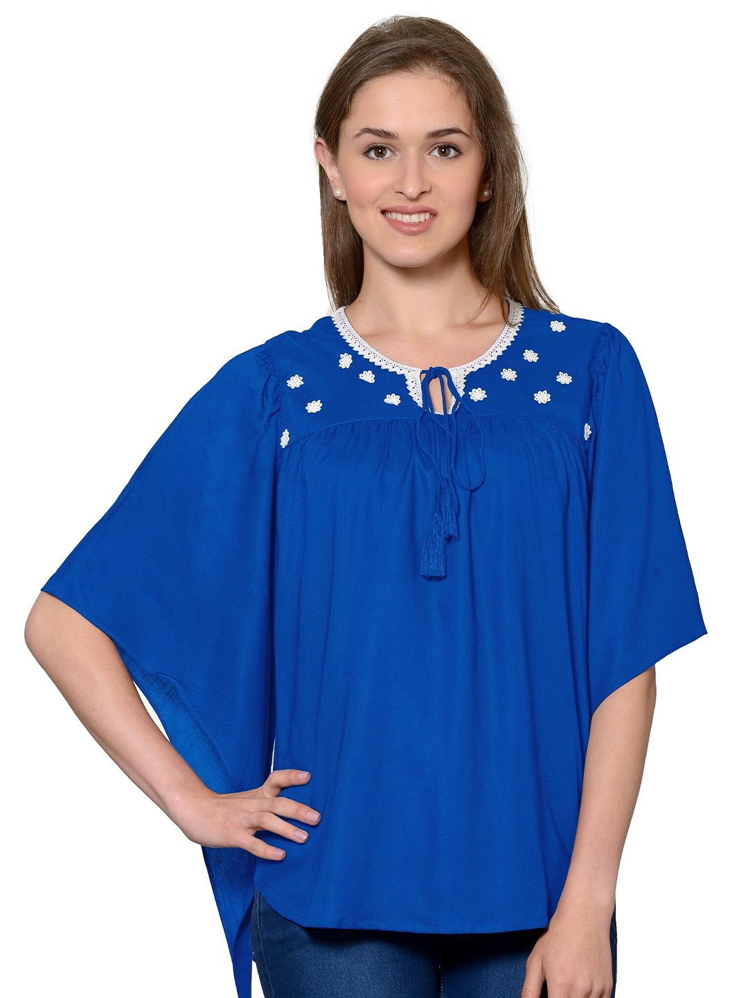 

PATRORNA Women Blue Floral Embroidered Tie-Up Neck Top