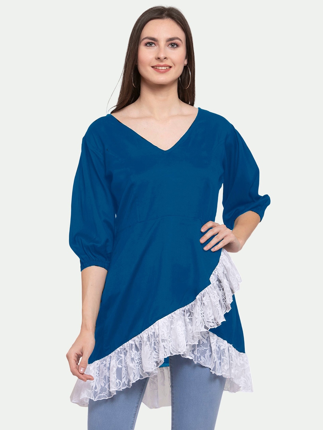 

PATRORNA Women Blue Solid High-Low Longline Top