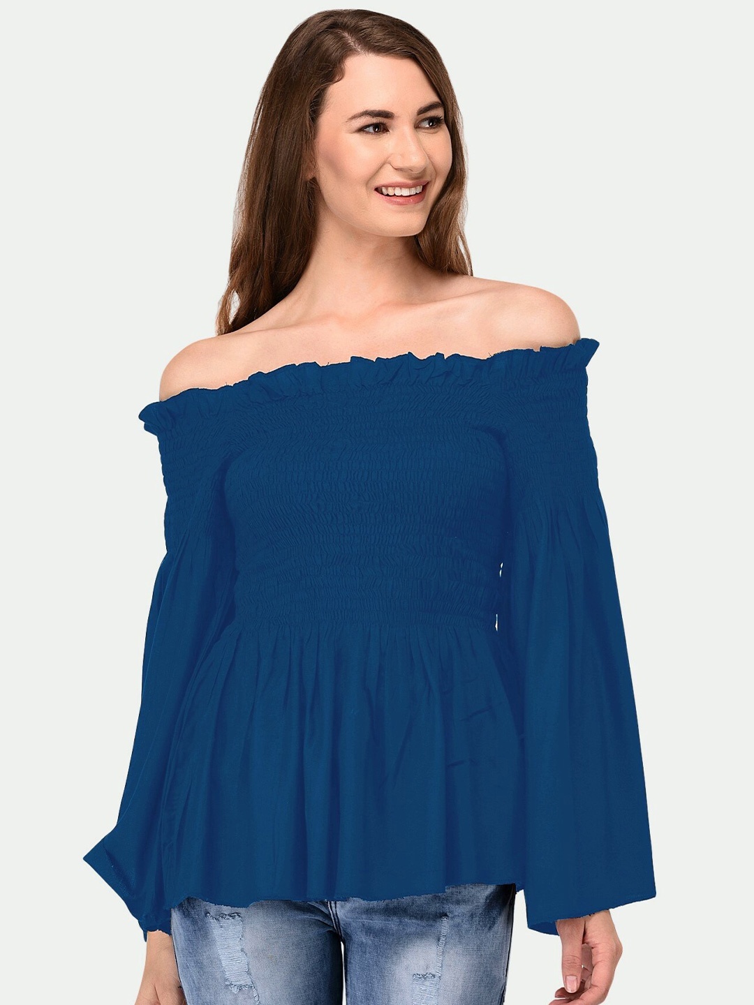 

PATRORNA Women Blue Off-Shoulder Bardot Top