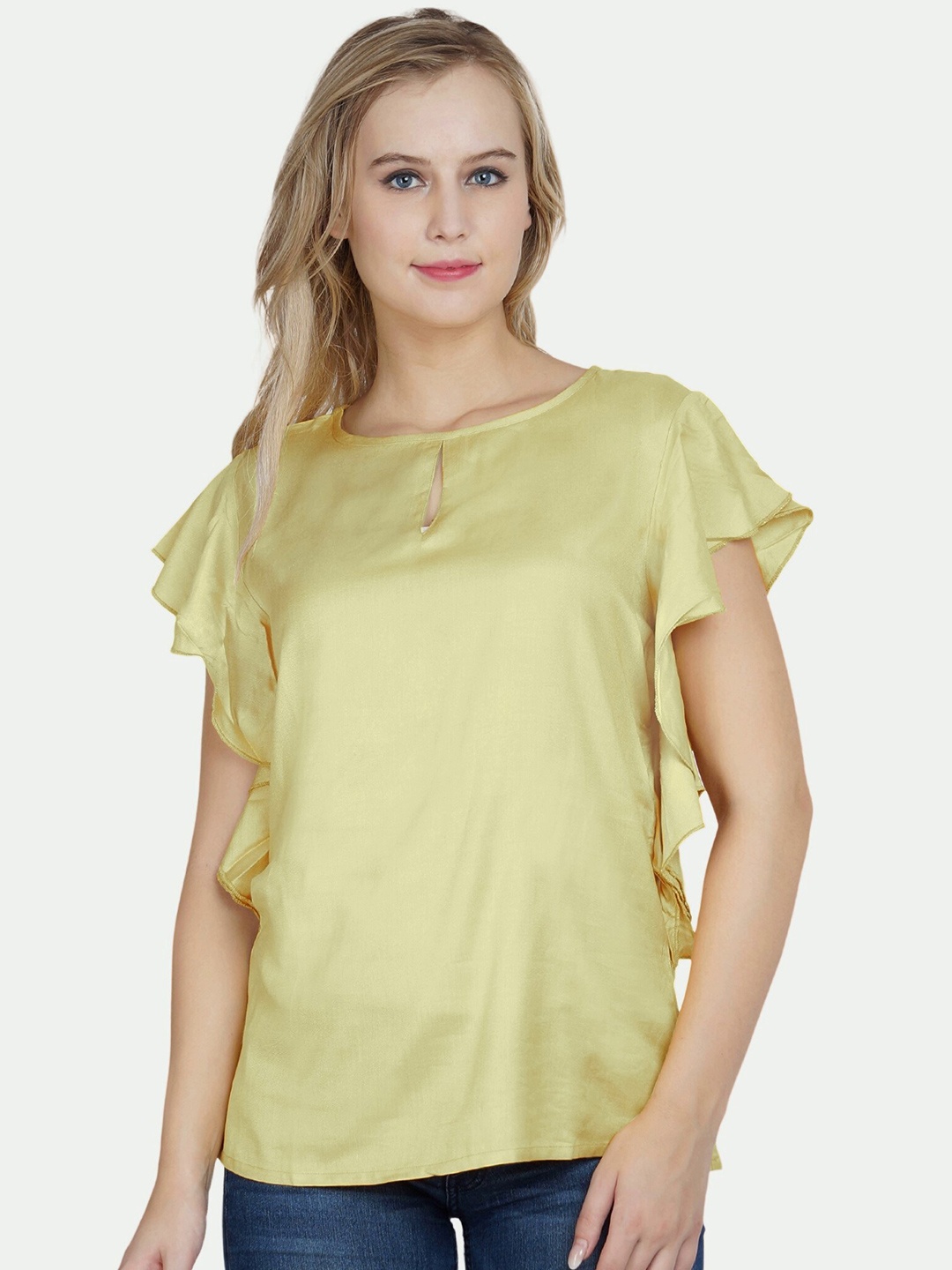 

PATRORNA Women Cream-Coloured Solid Keyhole Neck Flutter Sleeve Top