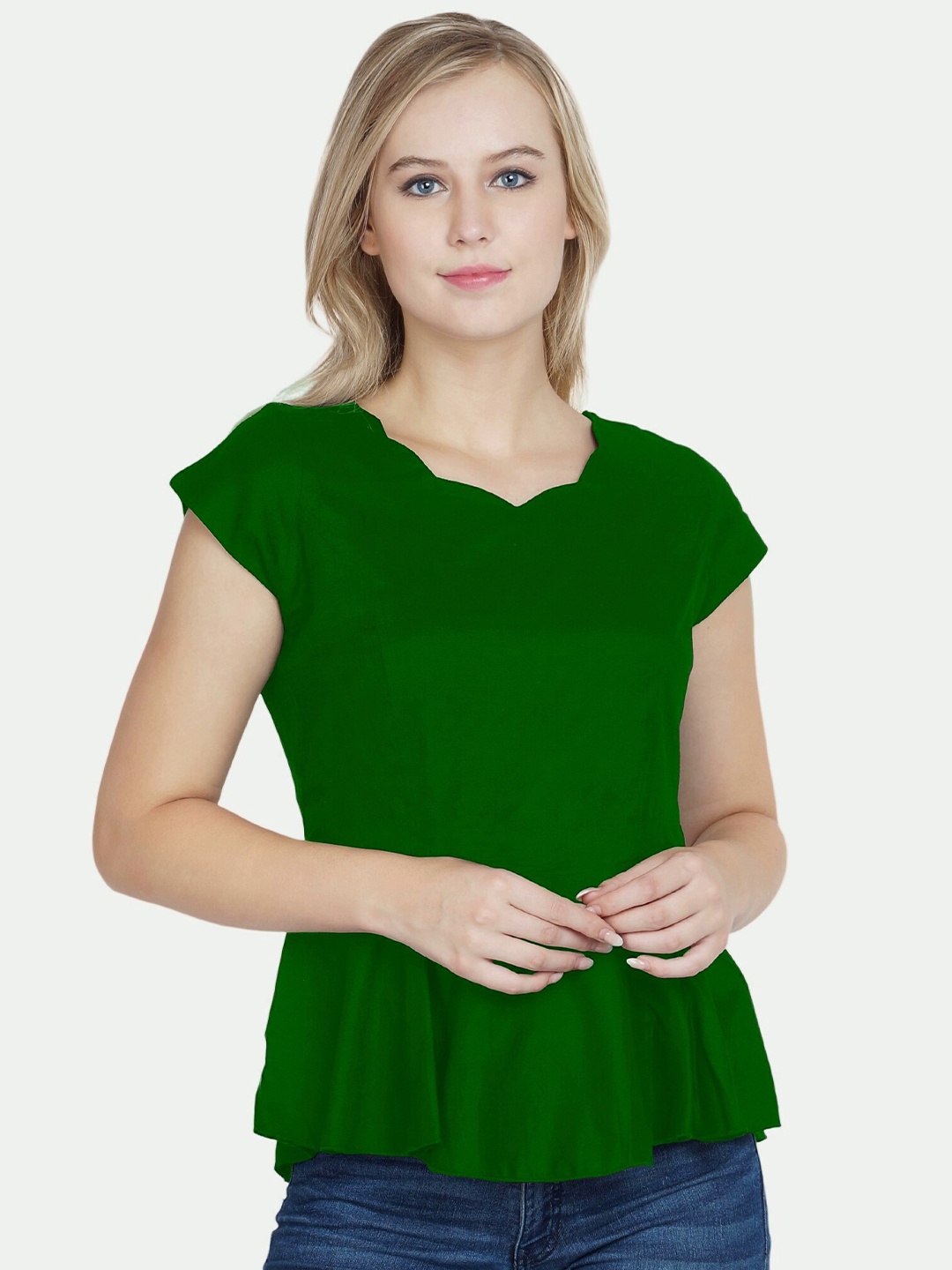 

PATRORNA Women Green Extended Sleeves Peplum Top