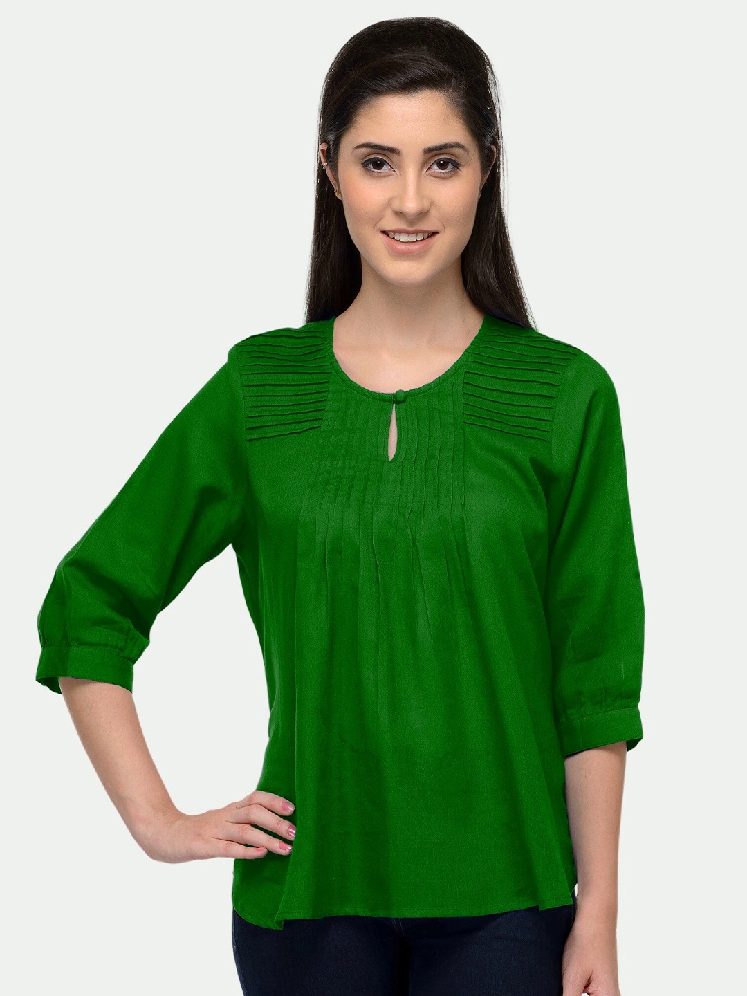 

PATRORNA Women Green Solid Pleated Keyhole Neck Top