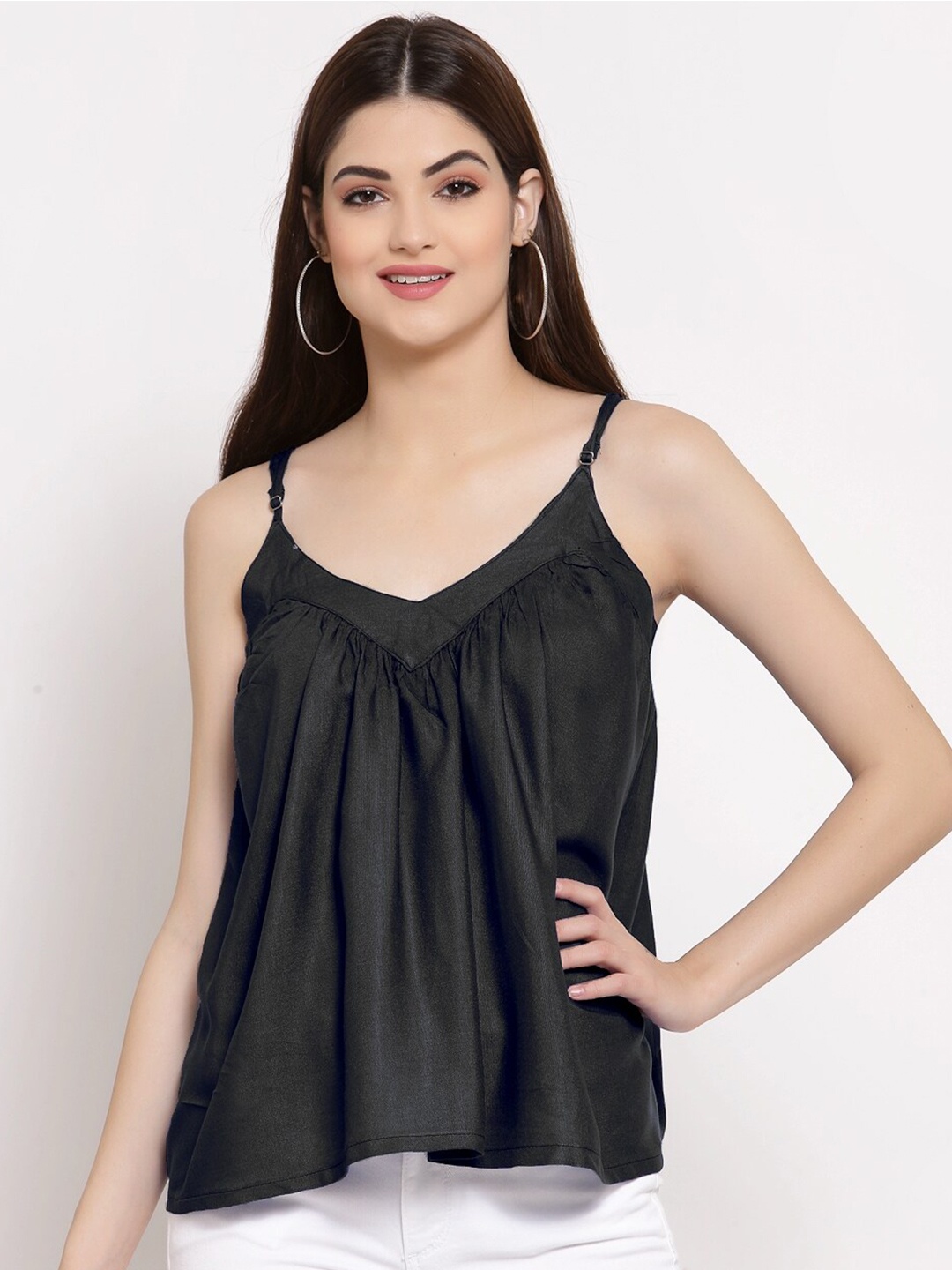 

PATRORNA Women Black Solid Pleated Shoulder Strap Top