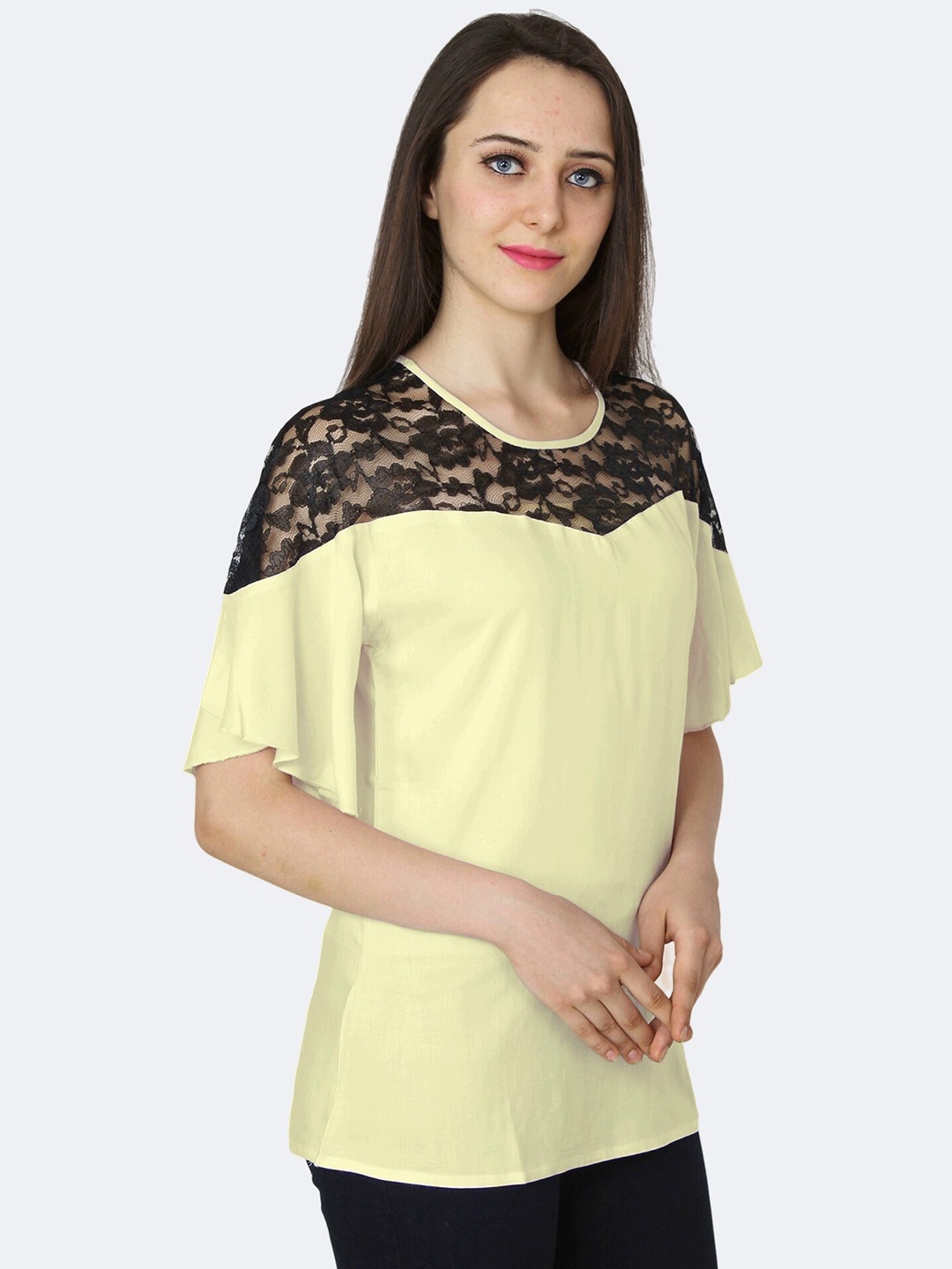 

PATRORNA Women Black & Yellow Self Design Extended Sleeves Top