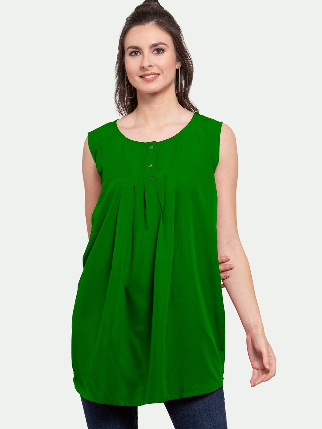 

PATRORNA Women Green Solid Pleated Top