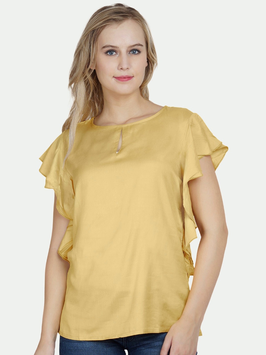 

PATRORNA Women Keyhole Neck Ruffles Top, Gold