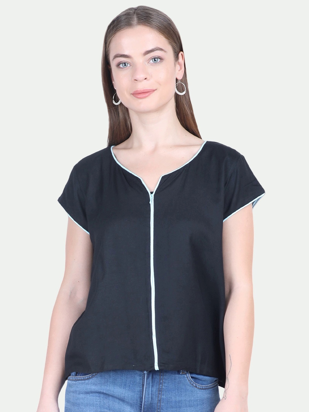 

PATRORNA Women Black Solid Keyhole Neck Regular Cotton Blend Top