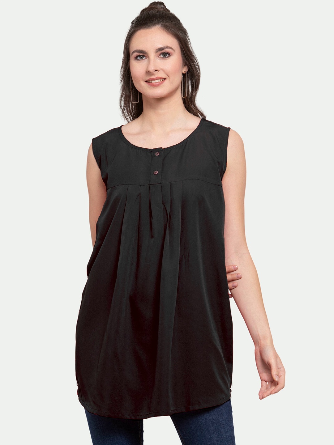 

PATRORNA Women Accordion Pleats Longline Top, Black