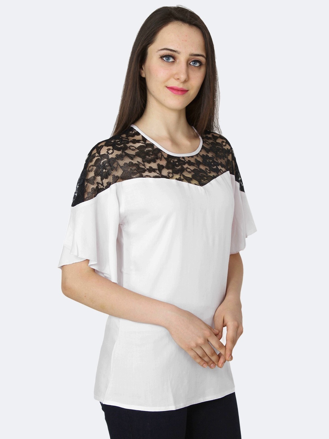 

PATRORNA Women White & Black Monochrome Round Neck Cotton Blend Top