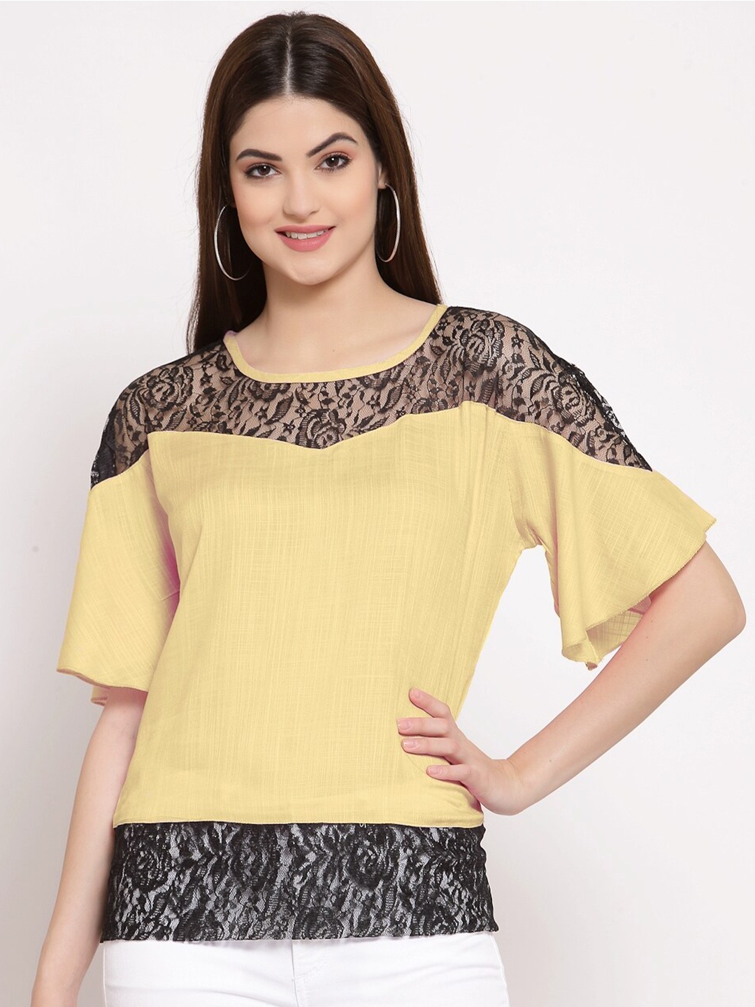 

PATRORNA Self Design Round Neck Flared Sleeves Top, Yellow