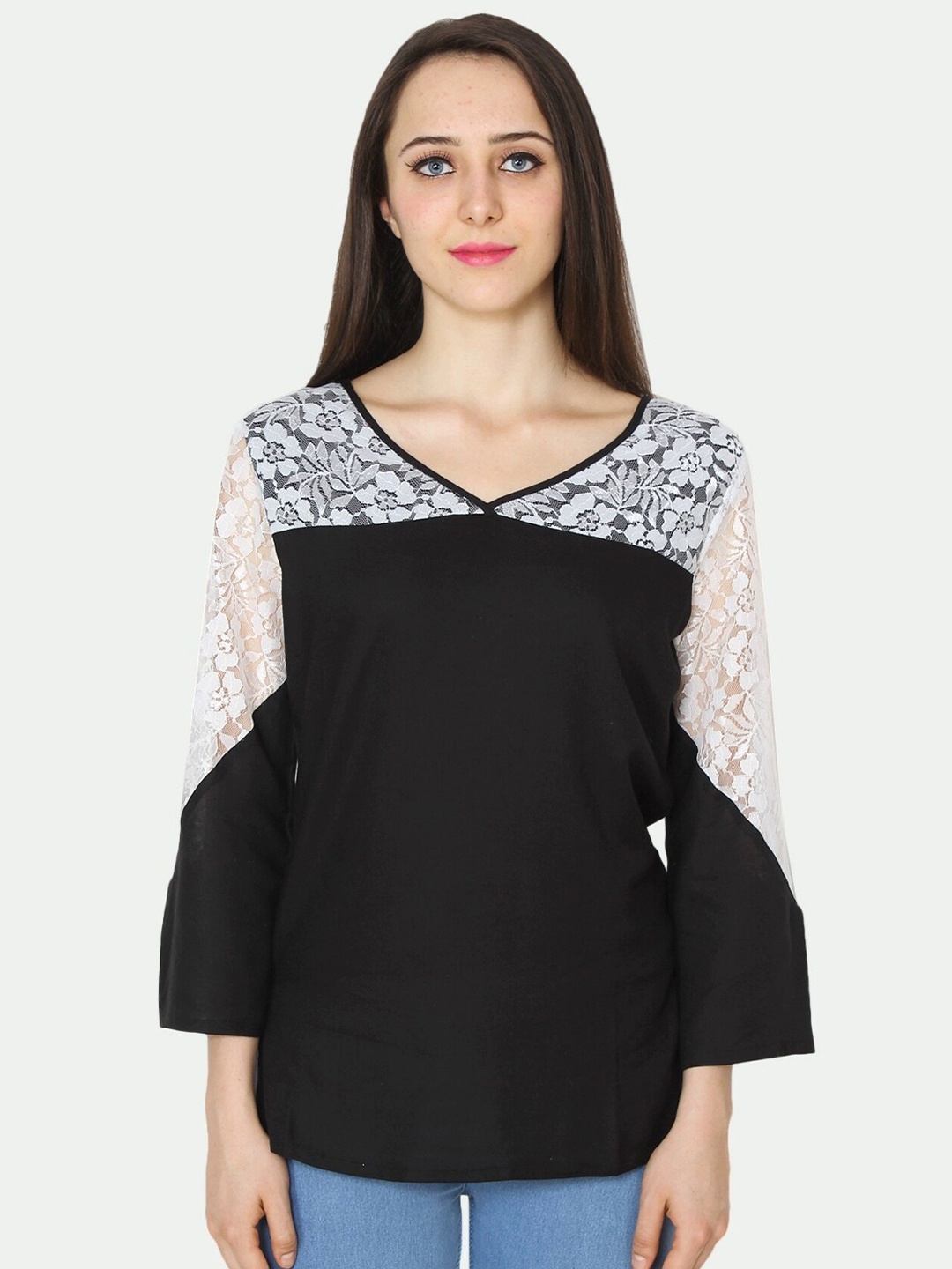 

PATRORNA Women Black & White V-Neck Cotton Blend Top