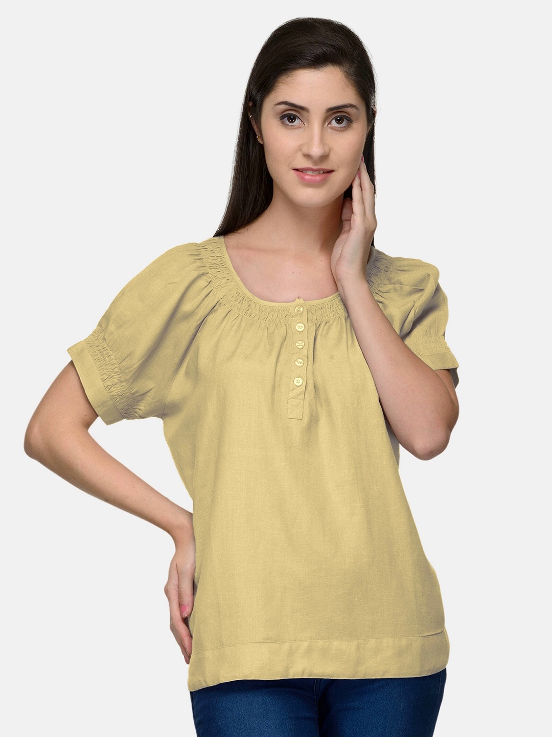 

PATRORNA Women Gold-Toned Round Neck Cotton Blend Top