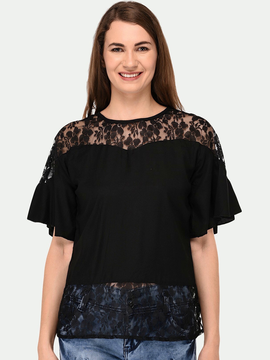 

PATRORNA Women Black Round Neck Cotton Blend Top