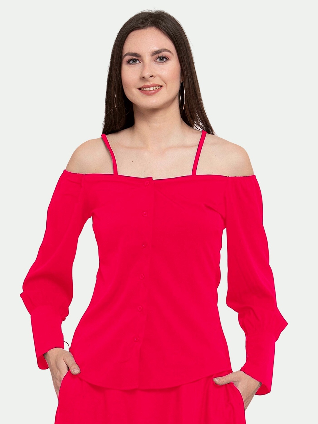 

PATRORNA Women Pink Off-Shoulder Shirt Style Top