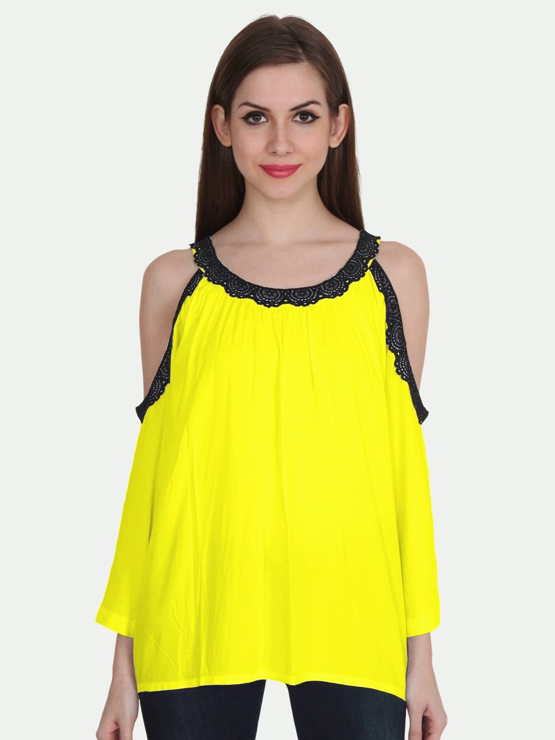 

PATRORNA Women Yellow Solid Shoulder Straps Cotton Blend Top