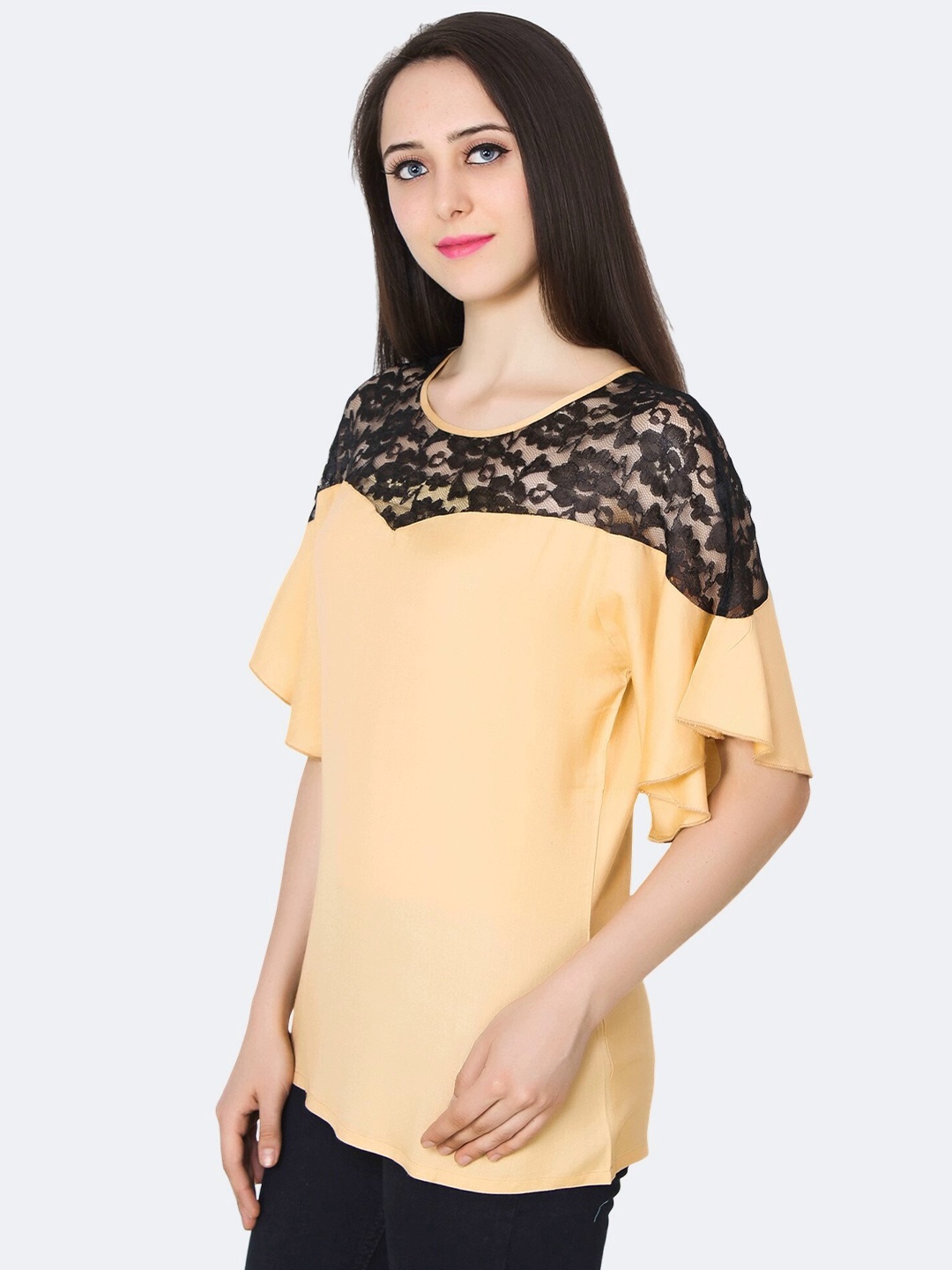 

PATRORNA Peach-Coloured & Black Round Neck Lace Work Flutter Sleeves Cotton Blend Top