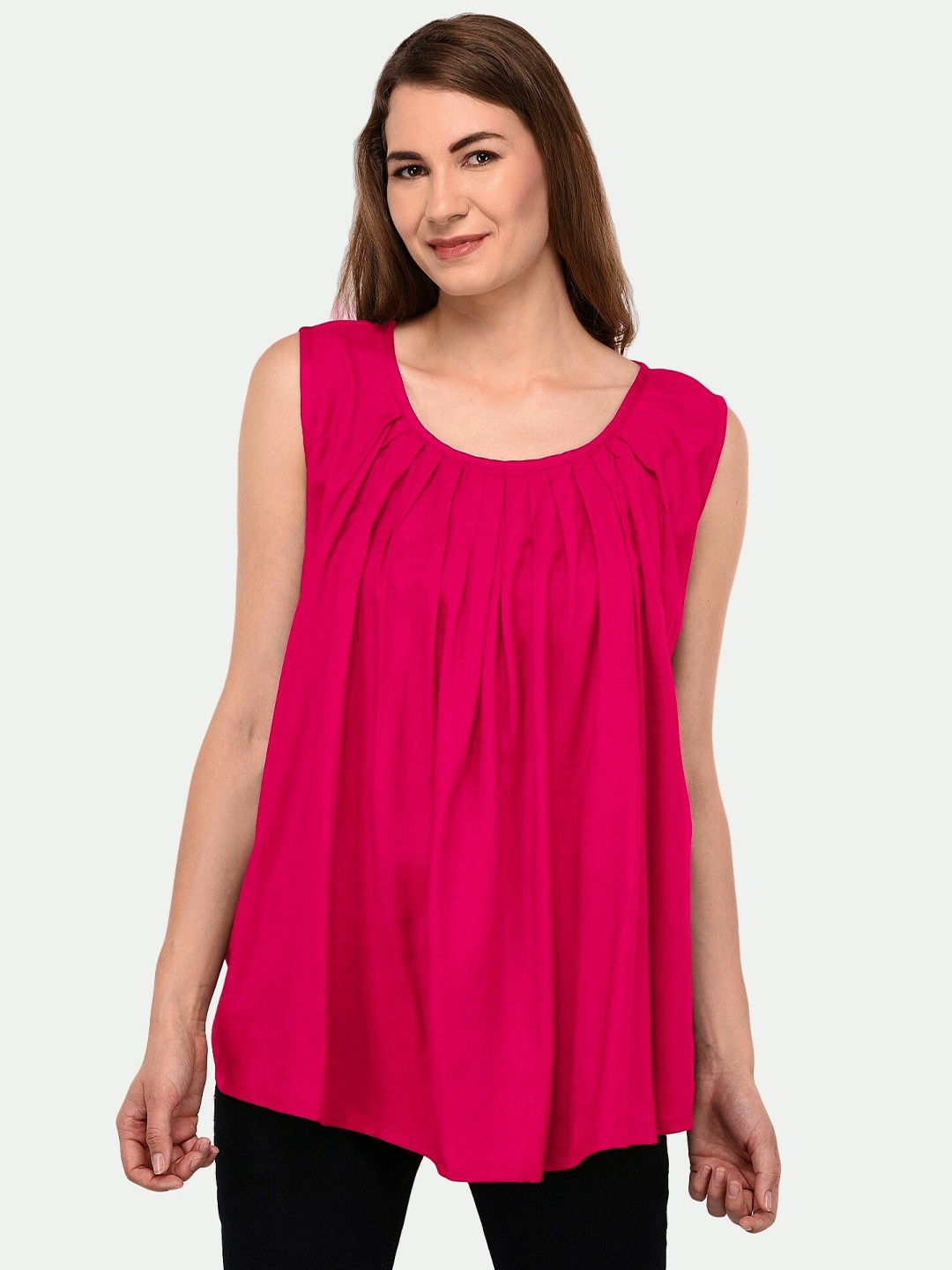 

PATRORNA Women Fuchsia Solid Pleated Round Neck Cotton Blend Top