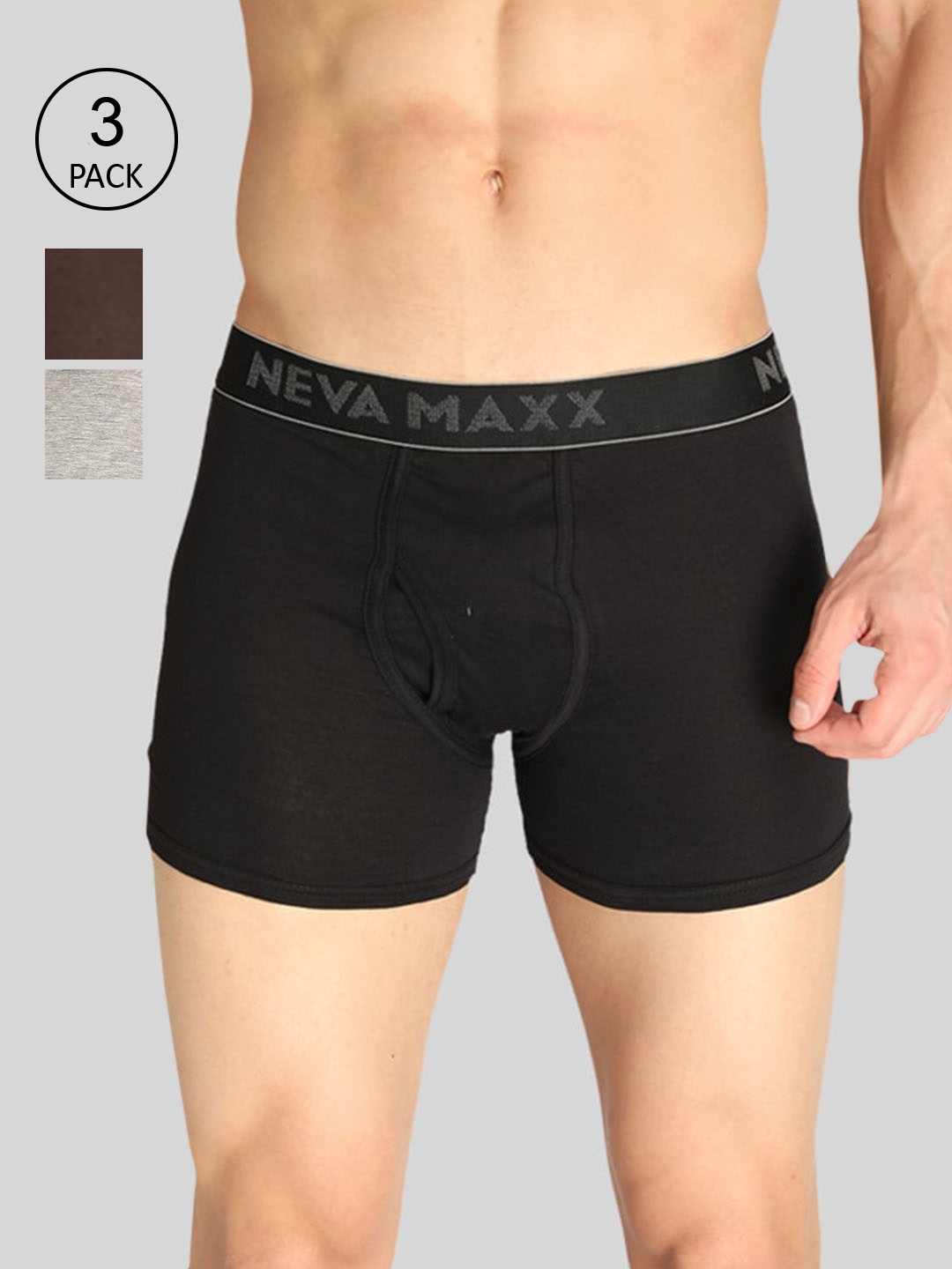 

NEVA Men Pack of 3 Black, Coffee & Melange Grey Pure Cotton Solid Trunk Brief